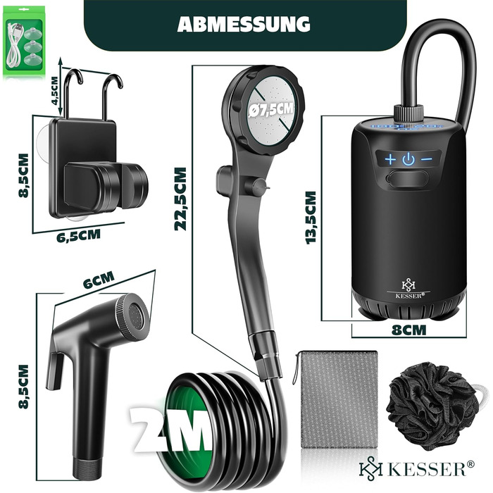 Соняшний душ KESSER® з насосом та акумулятором 8000mAh. Комплект для кемпінгу: 20л бак, регульована насадка, 2м шланг, пістолет-пульверизатор та кріплення.