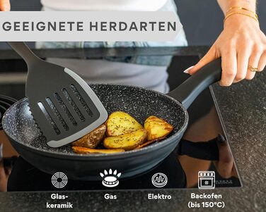 Набір сковорідок DIVORY 3 шт. (20, 24, 28 см) з антипригарним покриттям для всіх плит, включаючи індукційні. Безпечні ручки, придатні для миття в посудомийній машині. Ручки з імітацією сірого дерева.