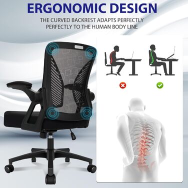 Офісний стіл з регульованими підлокітниками, ергономічний крісло з сітчастою спинкою, підтримкою попереку, регульованою висотою, м'яким сидінням, поворотним на 360°, чорний