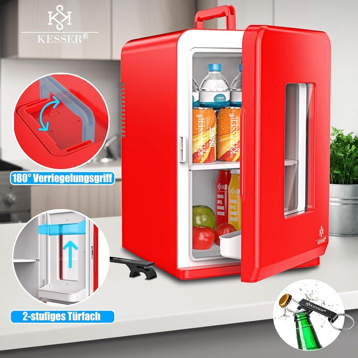 KESSER® Міні холодильник/термобокс 15L з охолодженням та підігрівом, AC/DC 220-240V/12V, для авто, офісу, кемпінгу, червоний
