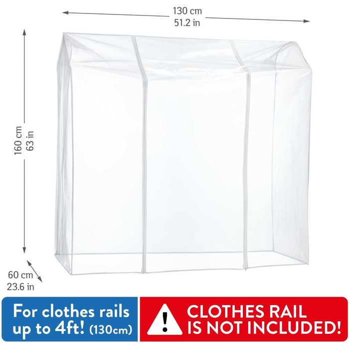 Tatkraft BIG Garment Rack Cover, Clothes Rack Cover, Plastic, Transparent, 2 Zippers, Extra Wide, cm (L130)