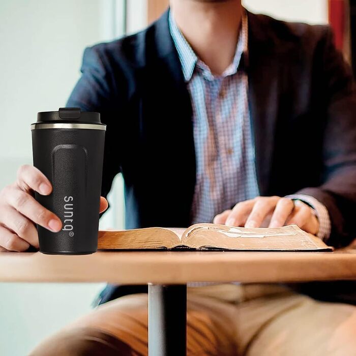 Термокружка для кави з нержавіючої сталі SUNTQ - 510 мл, з подвійними стінками, ізольована, з кришкою, що не протікає, багаторазова (Чорний)