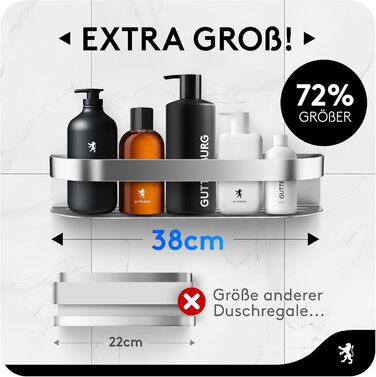 Полиця для душу GUTTENBURG 38x8 см, без свердління, нержавіюча сталь, витримує 10 кг, проста установка