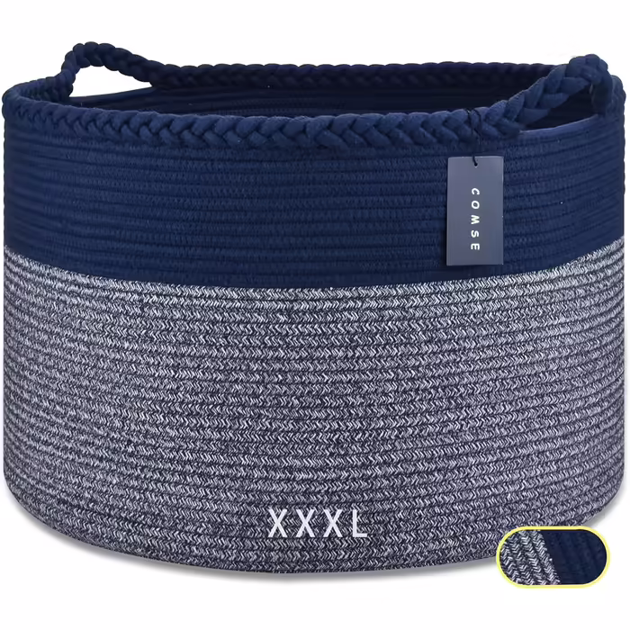 COMSE Extra Large Ceiling Basket, Woven Laundry Basket, 55 x 35 cm, Kids' Room, Cotton Rope, Laundry Basket, Living Room, for Storing Toys, Clothes, Towels, Black/Gray (Navy Blue)