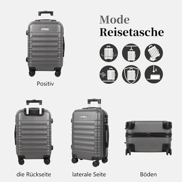 Великий валіза, жорсткий корпус ABS, тріумф на колесах: валіза-роликовий багаж з 4 колесами (360°), кодовий замок з 3 цифрами та телескопічний ручка з алюмінію (XL – 95L, ) (Темно-сірий, ручна поклажа (M))