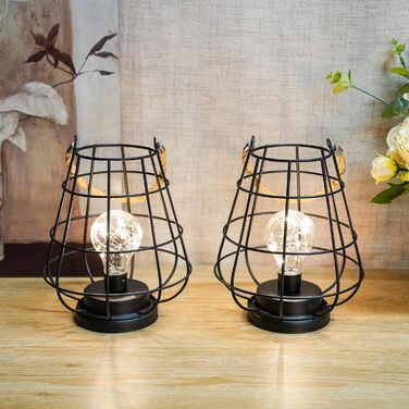 JHY DESIGN Набір з 2 декоративних настільних ламп-ліхтариків у стилі ретро, 22 см, на батарейках, LED Едісон, чорний колір
