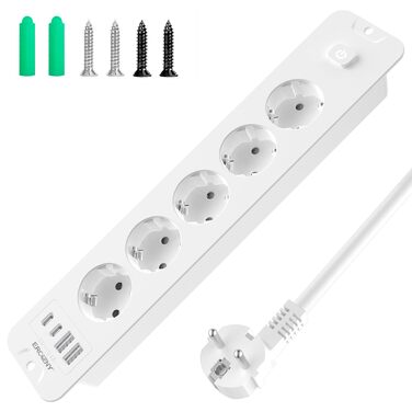 Мережевий адаптер з 2 USB-C (PD 20W) та 1 USB-A, 3 розетки з вимикачем, захист від перенапруги, кабель 1.5м (розподільник для столу)