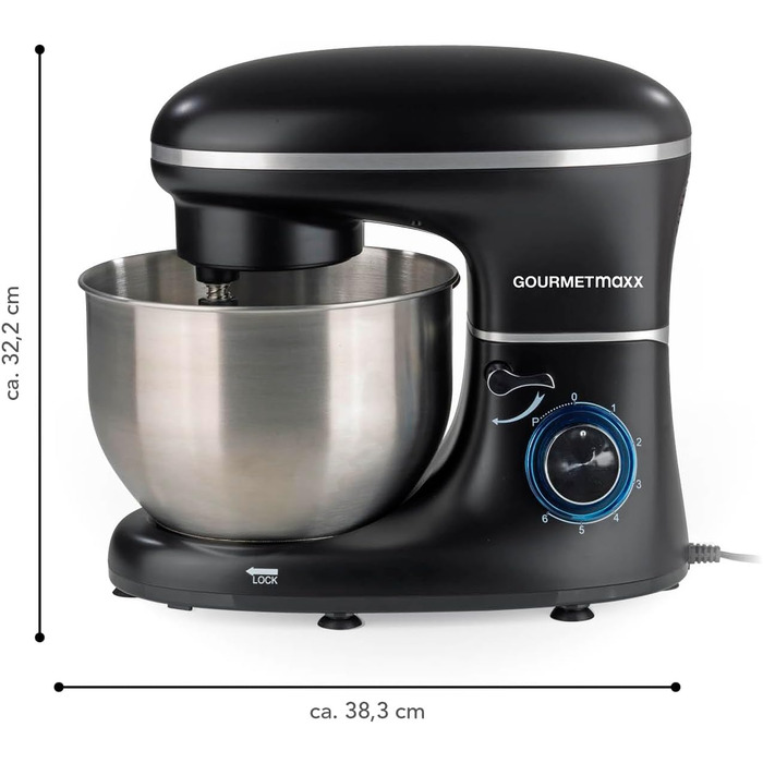 Gourmetmaxx Kitchen Machine with Kneading and Whisking Function | Powerful kitchen machine with a large 5-liter stainless steel bowl and direct drive | Includes mixing attachment, dough hook & whisk [1,500 watts] Metallic Black