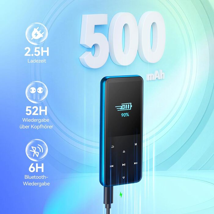 MP3-плеєр AGPTEK 64GB Bluetooth 5.3 з TFT екраном, FM-радіо, підтримкою до 128GB, функцією запису та E-Book (синій)