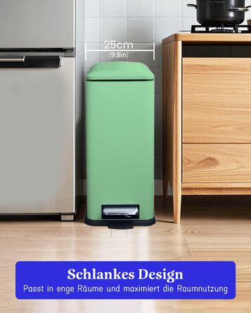 Відро для сміття кухонне 30л, нержавіюча сталь, з кришкою, внутрішній відерцем, прямокутне, зелене