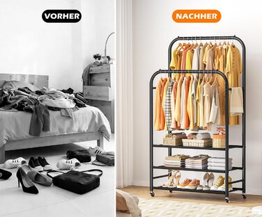 Вішалка для одягу HOMIDEC з 3 полицями, подвійна штанга на колесах, металевий каркас, чорна. Макс. навантаження 80 кг