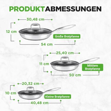Набір посуду NutriChef з нержавіючої сталі 6 предметів – антипригарні сковорідки 20см, 25см, 30см з кришками. Підходить для індукційних плит, стійкий до подряпин та придатний для духовки, можна мити в посудомийній машині.