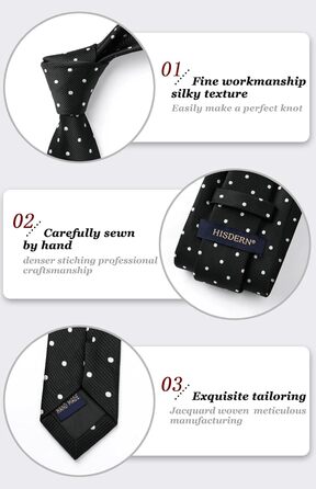 Чоловіча краватка HISDERN з кишеньковим хустинкою в горошок. Класичний стиль для весілля, ділових зустрічей. Чорно-білий комплект, універсальний розмір.