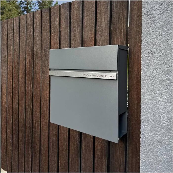 Поштовий ящик Metzler з газетницею Anthrazit, персоналізований з табличкою з нержавіючої сталі V2A, порошкове покриття RAL 7016, настінний, Stelio (RAL 9007)