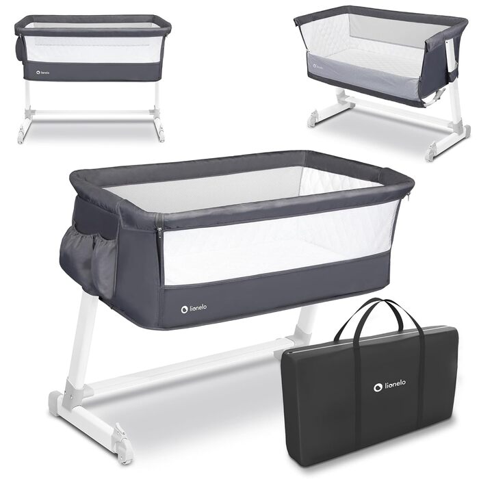 Lionelo Theo 2in1 Baby Cot, Travel Cot for Baby, Crib for Baby from Birth up to 9 kg, Height Adjustment, Recline Adjustment, Foldable Side Rail, Mattress, Mosquito Net (Dark Grey) Dark Grey 1 Piece (1-Pack)