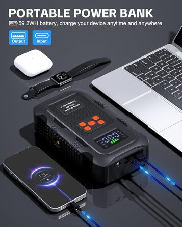 Пусковий пристрій Povasee Jump Starter 9000A з компресором 150 PSI, бустер для авто 12V та Powerbank з ліхтариком (Червоний/Чорний)