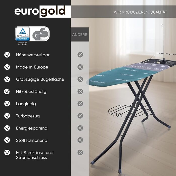 Прасувальна дошка EUROGOLD® XXL 120x42 см з розеткою для парогенератора – стабільна, регульована по висоті (зелена)