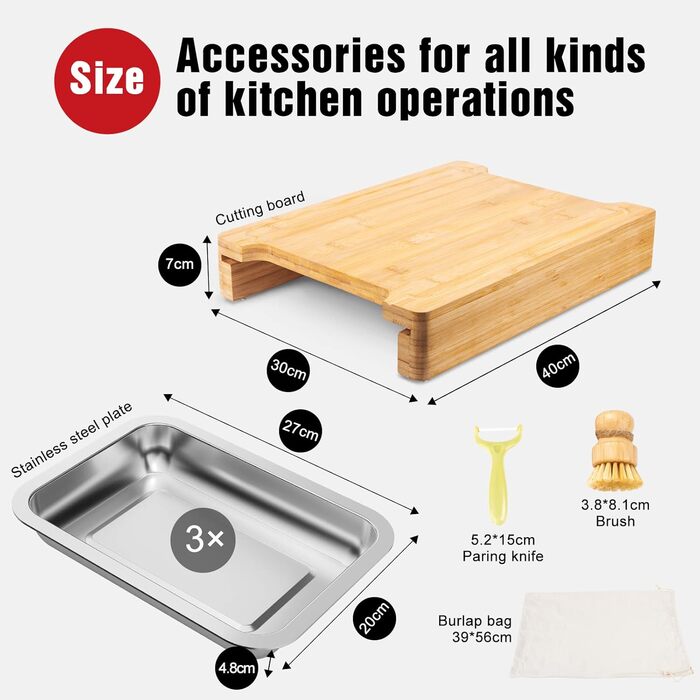 Rainsworth Bamboo Cutting Board with Drip Tray - with 3 Stainless Steel Bowls and Juice Groove - 40x30x7cm Large Solid Multifunctional Cutting Board High - Vegetable Cutting Board Bumbus with Feet