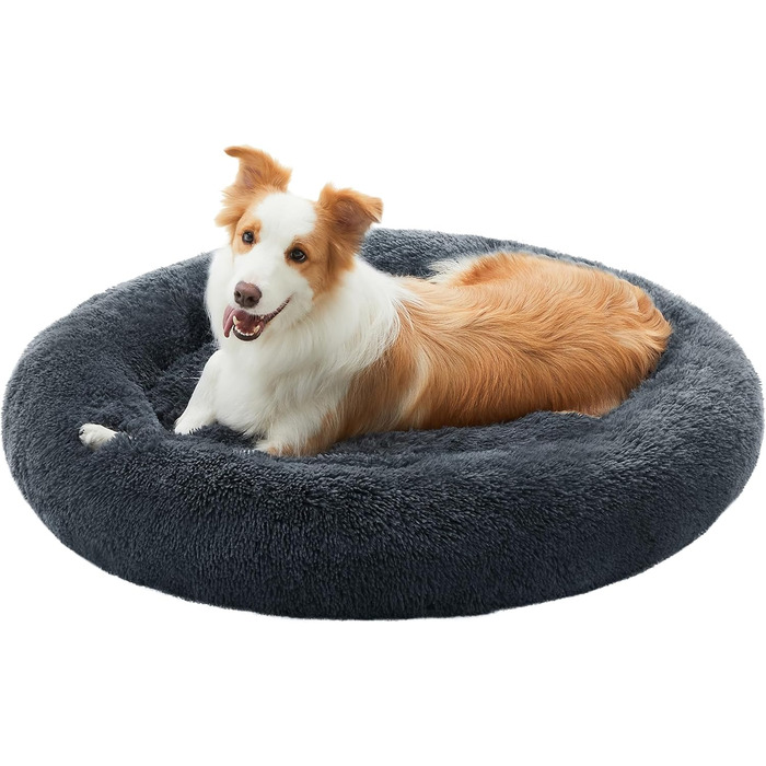 Кругле ліжко для собак та котів Feandrea з м'яким плюшем, діаметр 60 см, колір Ombré-Grey, знімний наповнювач, 90x90x20 см, темно-сірий