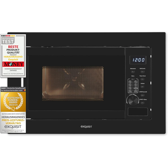 Вбудована мікрохвильова піч Exquisit EMW20-DG-020 | 800 Вт, 1000 Вт гриль, 8 програм, діаметр 27 см, нержавіюча сталь, чорний, цифровий дисплей