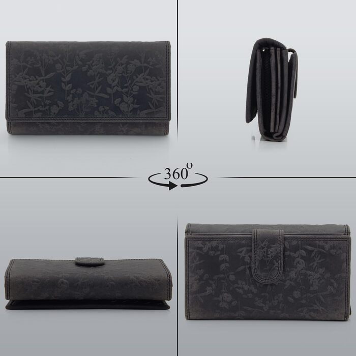 ekavale Women's Wallet Large Long Wallet with Snap Button and RFID Protection, Wallet with Floral Pattern (Dark Brown)