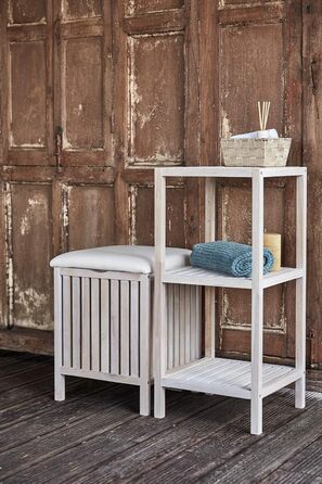 WENKO Badhocker Norway with Laundry Hamper, Storage Ottoman with Padded and Flip-Up Seat as Lid, Solid Walnut Wood, Oiled, Capacity 65 L, (W x H x D): 39 x 52 x 39 cm, Natural (White)