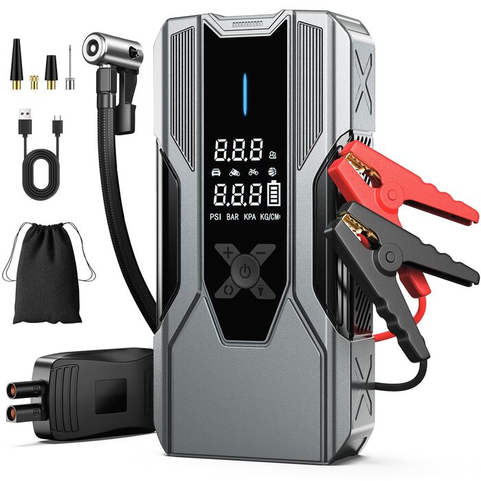 Powerbank для автомобіля 8000A Starthilfe, пусковий пристрій з компресором 150PSI, 26800mAh для бензинових та дизельних двигунів (до 12.0L), зарядний пристрій для акумулятора
