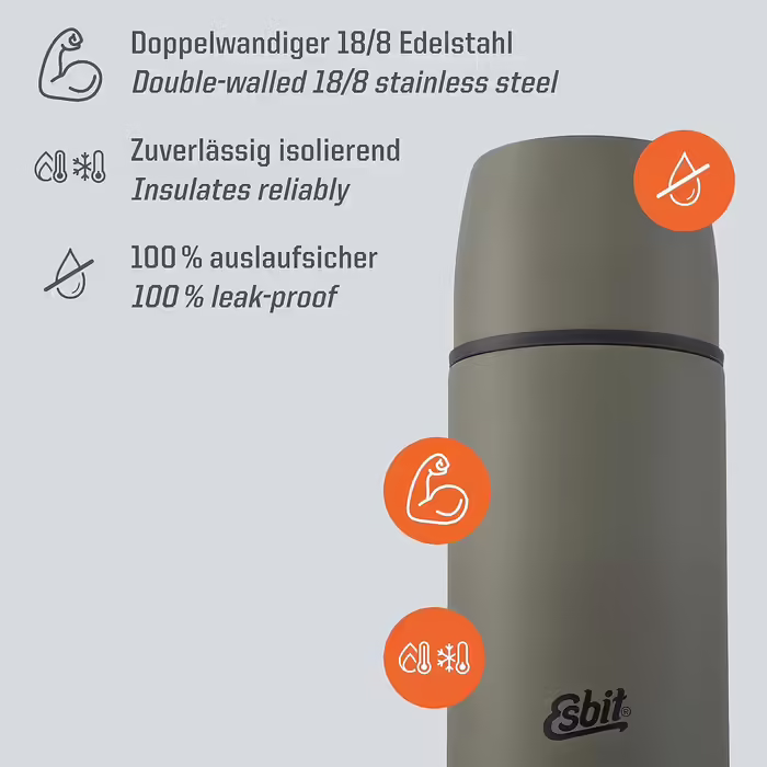 Esbit Classic Insulated Flask - Thermos for hot & cold - Thermos with 2 cups - Stainless steel drinking bottle - Leak-proof - Stainless steel