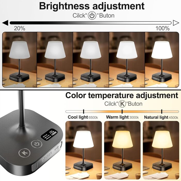LED лампа настільна акумуляторна Anordsem бездротова: торшери з сенсорним керуванням та USB A+C - маленька настільна лампа для дитячої кімнати, нічник, подарунок, чорний