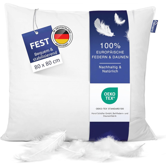 Clemens Firm Feather Head Pillow 80x80 cm - Supportive Feather Head Pillow Feathers 85% & Down 15%, Feather Pillow Down Head Pillow - Head Pillow for Back & Side Sleepers Firm 80 x 80 cm