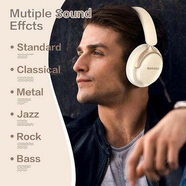 RORSOU B8 Бездротові навушники Over-Ear Bluetooth з мікрофоном, 6 режимів EQ, 50 годин роботи, глибокий бас, Hi-Fi стерео, для iPad/Tablet/PC (Бежево-Білий)