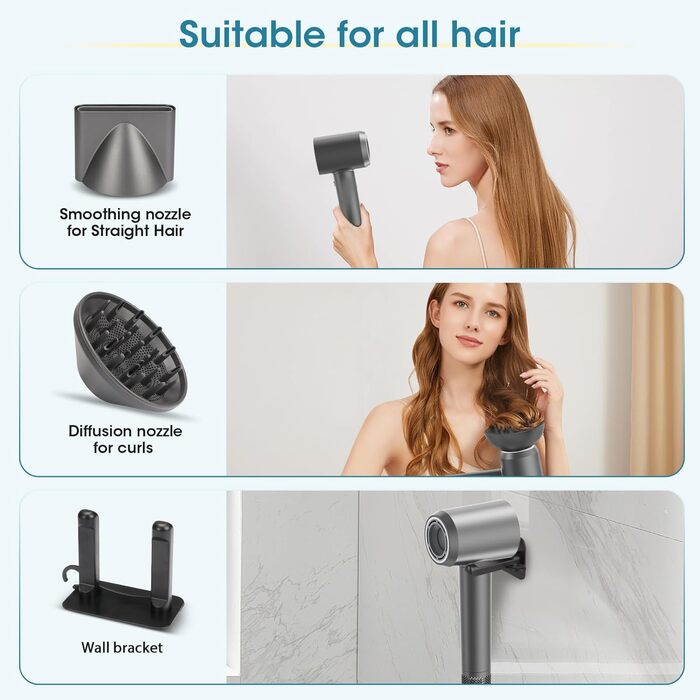 Фен Vasip з безщітковим мотором 110 000 об/хв, 200 млн негативних іонів, дифузор та концентратори, 4 режими нагріву та 2 швидкості