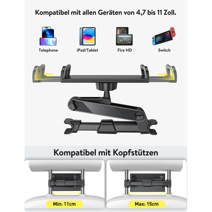 Тримач для планшету TRYONE в авто - кріплення на підголівник, висувний, для iPad, iPhone, Samsung Galaxy Tab, Kindle Fire HD, Switch, 4.7-11 дюймів, чорний