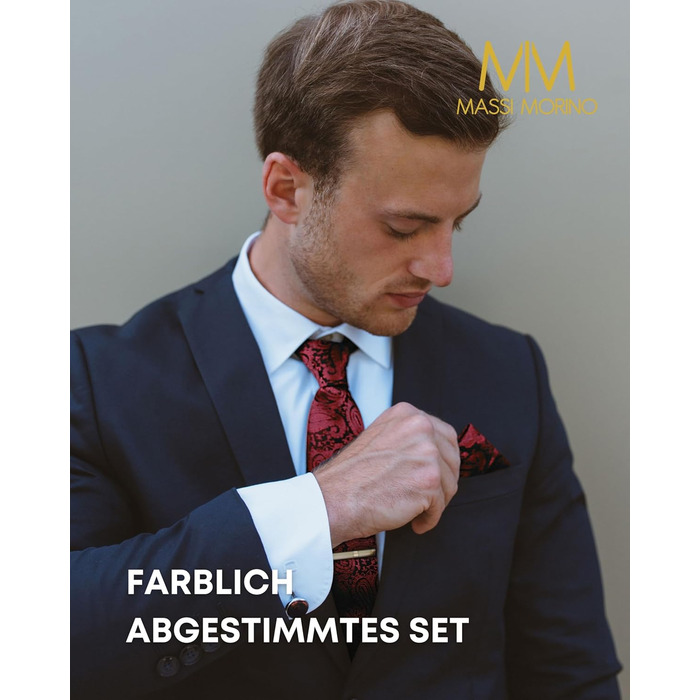 Массі Моріно: Комплект краватки з нагрудною хустиною для чоловіків. Краватний набір на весілля з краватковою голкою, запонками та подарунковою коробкою. Палецький візерунок, бордовий колір, універсальний розмір.