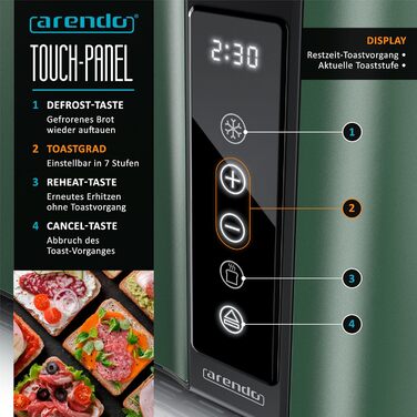 Тостер Arendo з нержавіючої сталі, 4 слоти, сенсорний екран, подвійні стінки, 1500 Вт, підставка для булочок, 7 рівнів підсмажування, центрування хліба, таймер, пам'ять, індикатор E: Green