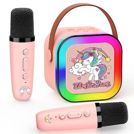 Караоке машина для дітей 3-12 років Dislocati з 2 мікрофонами Bluetooth, рожевий єдиноріг. Портативна музична іграшка зі світлодіодним підсвічуванням для вечірок