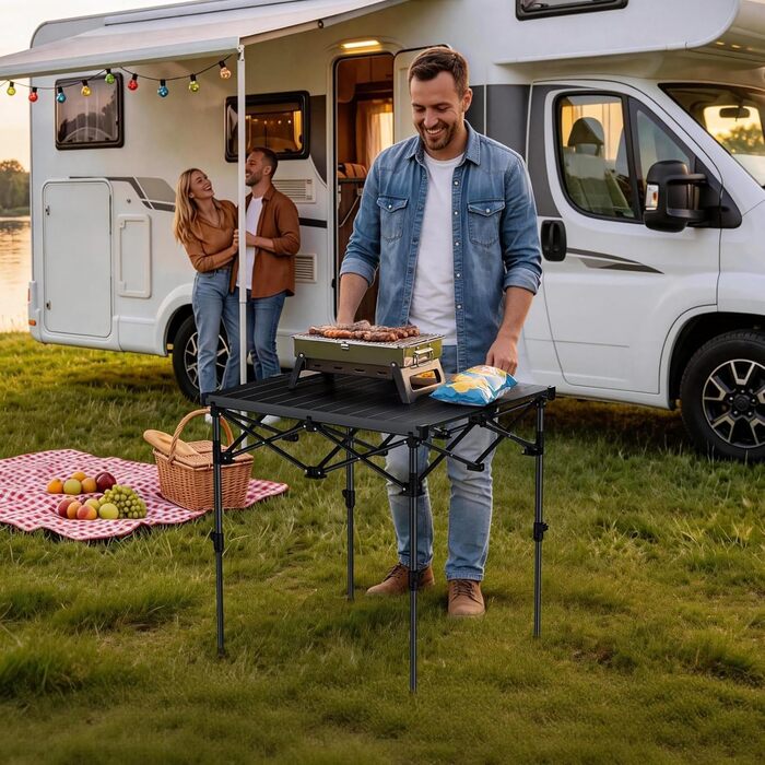 Складний алюмінієвий стіл для кемпінгу Anbte 67x58 см, регульована висота (44/70 см), вантажопідйомність до 150 кг, з сумкою для зберігання