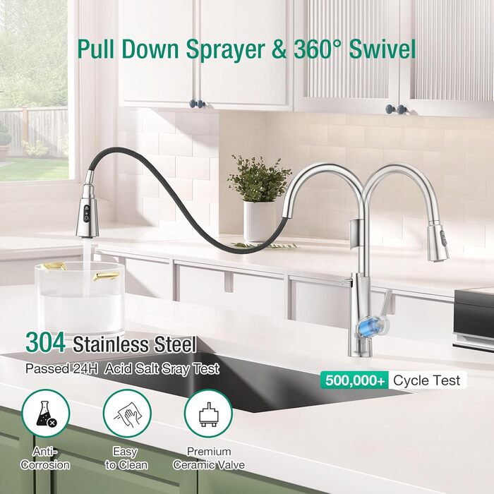 Кран кухонний CREA Wasserfall висувний з дозатором мила, нержавіюча сталь, 360° оберт, 4 режими, хром