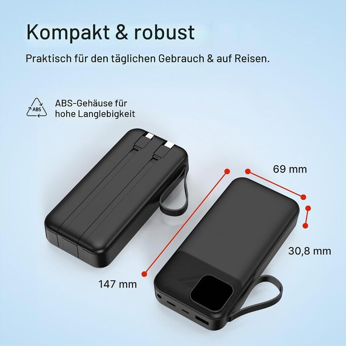 Універсальний зовнішній акумулятор All-IN-ONE Powerbank 10000 mAh чорний: швидка зарядка 22.5W, PD 20W, бездротова зарядка 15W, зарядний пристрій для Apple Watch, вбудовані кабелі USB-C та Lightning, LED-дисплей, алюмінієва підставка