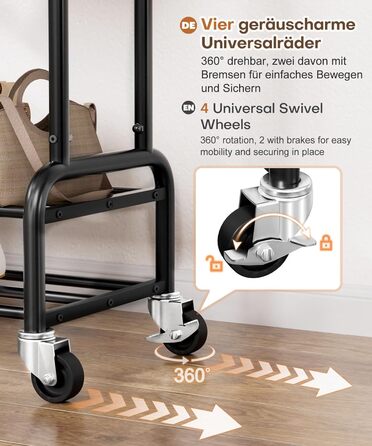 Стійка для одягу Yorbay на колесах: металева, 2 перекладини, 4 гачки, 2 полиці для зберігання, до 120 кг, 112 см (ширина)