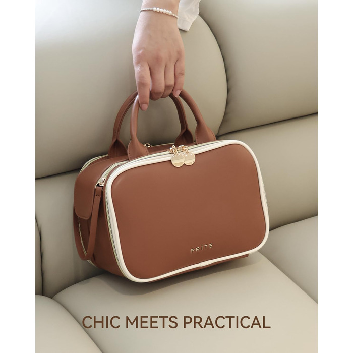 Косметичка-органайзер велика містка з водонепроникним покриттям та ручкою, з декількома відділеннями (колір: кавовий)