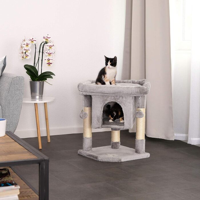 Lionto Scratching Post for Cats with Cave & 2 Plush Balls including Bell, Height 60 cm, Cat Tree with Robust Sisal Rope & Soft Plush, Cozy Lying Area, for Small & Large Cats, Light Grey