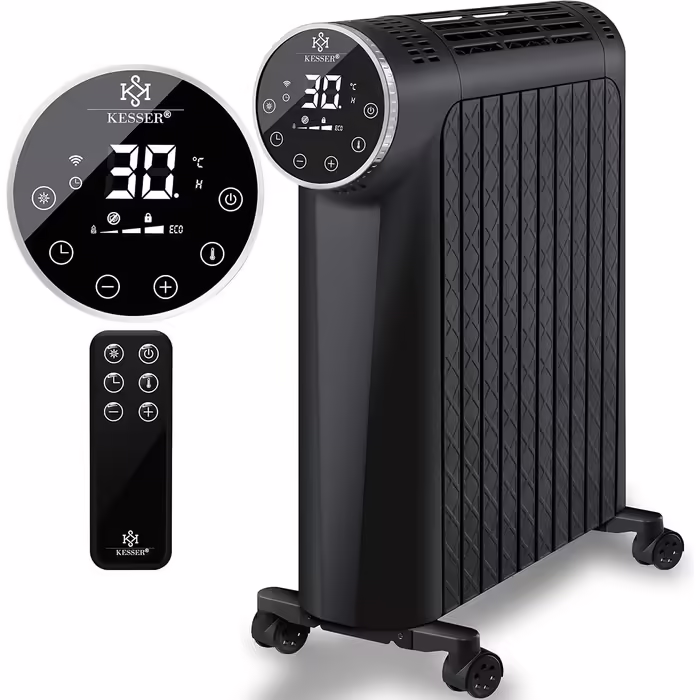 KESSER® Oil Radiator 2500W Electric Heater Radiator Electric Heater Energy-Saving with Display WiFi App & Remote Control Touchscreen - Mobile Oil Radiator 24h Timer, Thermostat & Overheat Protection Black