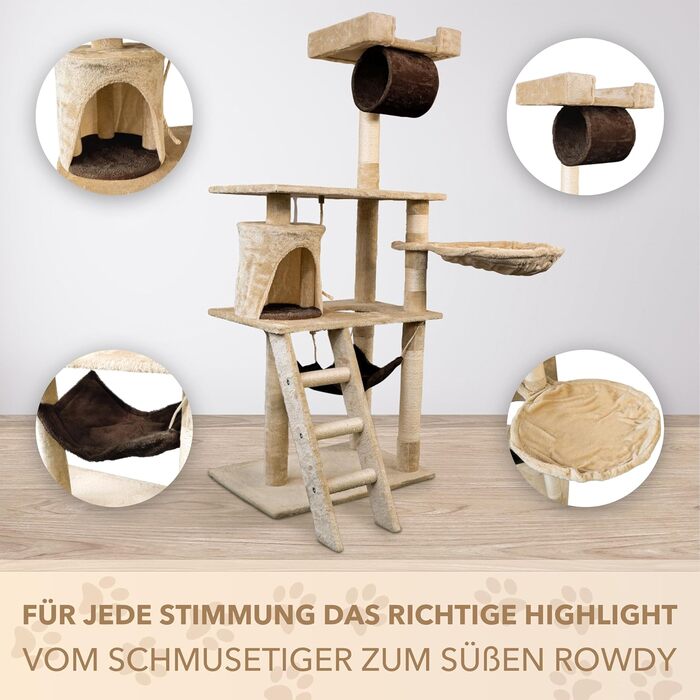 Кігтеточка Foxdevil для котів Xonic® - багатофункціональна кігтеточка з оглядовою платформою, гамаком, затишною печерою, іграшковою шнуркою, сходами – 141 см – (Бежевий/Коричневий V1)