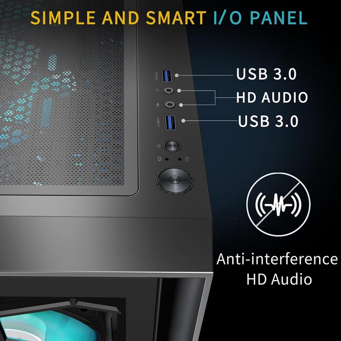 Корпус ПК MUSETEX G07 ATX з 6 вентиляторами ARGB, USB 3.0, чорний, Mid Tower для геймінгу
