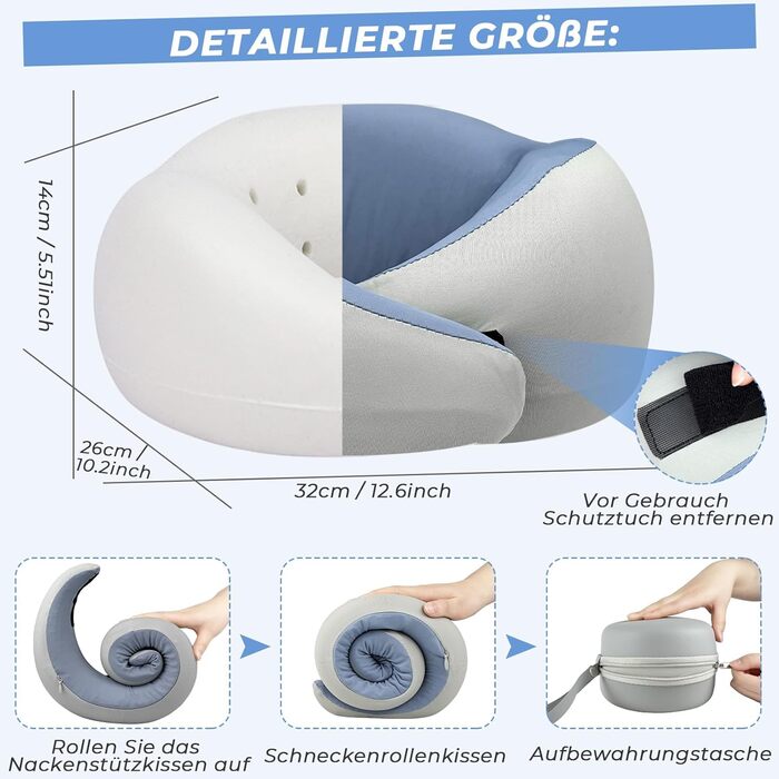 Memory Foam Travel Pillow with Storage Box - Orthopedic Neck Pillow for Airplane, Car, Train - Bluegray Ice Silk