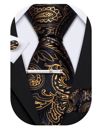 Набір краватки, кишенькового хустинки та запонок Barry.Wang: Шовкова краватка з квітковим візерунком Paisley, чорно-золота, для весілля та свят