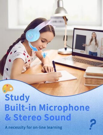 Бездротові навушники Bluetooth для дітей з LED-підсвіткою, котячими вушками та мікрофоном, HD Stereo, складна конструкція, регульоване наголов'я, для дівчаток (блакитні)