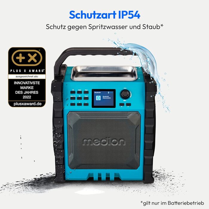 MEDION E66877 Радіо для будівельних майданчиків DAB+ Bluetooth з LED-ліхтарем (IP44, акумулятор/мережа, вертикальне) блакитне