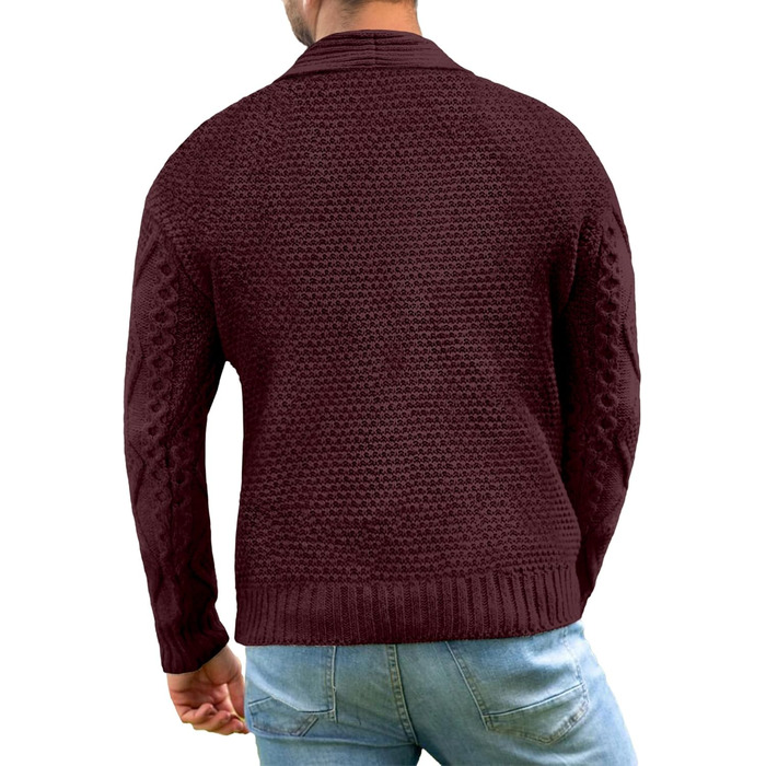 Чоловіча в'язана жилетка Comdecevis з коміром-шарфом, рельєфним в'язанням, ґудзиками, довгими рукавами, кишенями, темно-бордовий (3XL)